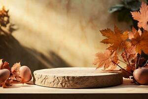 3D podium products display background with autumn leaves,mushrooms,animal on the left with copy space.Minimal background for products presentation.Created with Generative AI technology photo