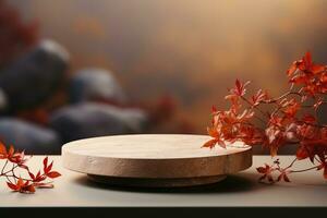 3D podium products display background with autumn leaves,mushrooms,animal on the left with copy space.Minimal background for products presentation.Created with Generative AI technology photo