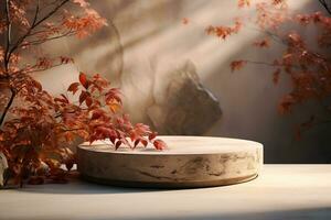 3D podium products display background with autumn leaves,mushrooms,animal on the left with copy space.Minimal background for products presentation.Created with Generative AI technology photo