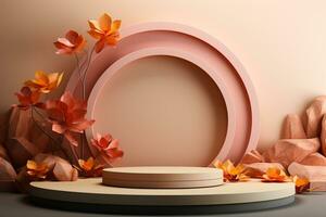3D podium products display background with autumn leaves,mushrooms,animal on the left with copy space.Minimal background for products presentation.Created with Generative AI technology photo