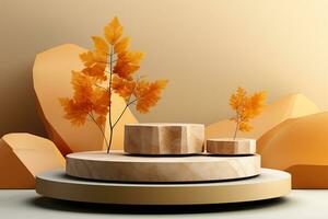 3D podium products display background with autumn leaves,mushrooms,animal on the left with copy space.Minimal background for products presentation.Created with Generative AI technology photo