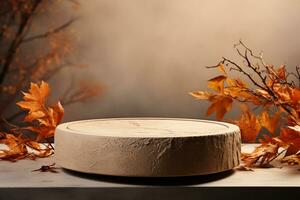 3D podium products display background with autumn leaves,mushrooms,animal on the left with copy space.Minimal background for products presentation.Created with Generative AI technology photo