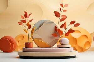 3D podium products display background with autumn leaves,mushrooms,animal on the left with copy space.Minimal background for products presentation.Created with Generative AI technology photo