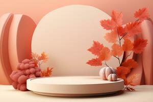 3D podium products display background with autumn leaves,mushrooms,animal on the left with copy space.Minimal background for products presentation.Created with Generative AI technology photo