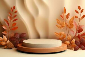 3D podium products display background with autumn leaves,mushrooms,animal on the left with copy space.Minimal background for products presentation.Created with Generative AI technology photo