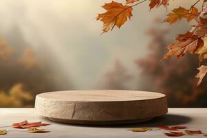 3D podium products display background with autumn leaves,mushrooms,animal on the left with copy space.Minimal background for products presentation.Created with Generative AI technology photo