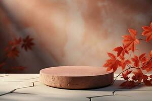 3D podium products display background with autumn leaves,mushrooms,animal on the left with copy space.Minimal background for products presentation.Created with Generative AI technology photo