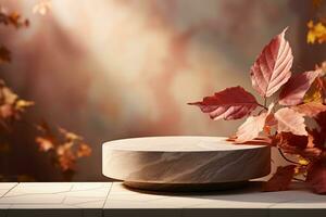 3D podium products display background with autumn leaves,mushrooms,animal on the left with copy space.Minimal background for products presentation.Created with Generative AI technology photo