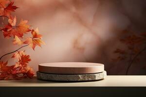 3D podium products display background with autumn leaves,mushrooms,animal on the left with copy space.Minimal background for products presentation.Created with Generative AI technology photo