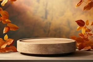 3D podium products display background with autumn leaves,mushrooms,animal on the left with copy space.Minimal background for products presentation.Created with Generative AI technology photo
