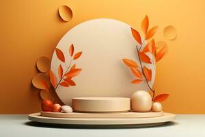3D podium products display background with autumn leaves,mushrooms,animal on the left with copy space.Minimal background for products presentation.Created with Generative AI technology photo