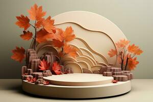 3D podium products display background with autumn leaves,mushrooms,animal on the left with copy space.Minimal background for products presentation.Created with Generative AI technology photo