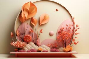 3D podium products display background with autumn leaves,mushrooms,animal on the left with copy space.Minimal background for products presentation.Created with Generative AI technology photo