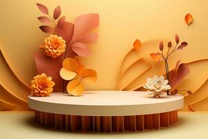 3D podium products display background with autumn leaves,mushrooms,animal on the left with copy space.Minimal background for products presentation.Created with Generative AI technology photo