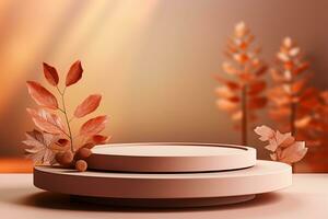 3D podium products display background with autumn leaves,mushrooms,animal on the left with copy space.Minimal background for products presentation.Created with Generative AI technology photo