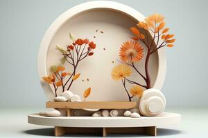 3D podium products display background with autumn leaves,mushrooms,animal on the left with copy space.Minimal background for products presentation.Created with Generative AI technology photo