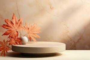 3D podium products display background with autumn leaves,mushrooms,animal on the left with copy space.Minimal background for products presentation.Created with Generative AI technology photo