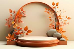 3D podium products display background with autumn leaves,mushrooms,animal on the left with copy space.Minimal background for products presentation.Created with Generative AI technology photo