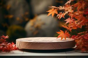 3D podium products display background with autumn leaves,mushrooms,animal on the left with copy space.Minimal background for products presentation.Created with Generative AI technology photo