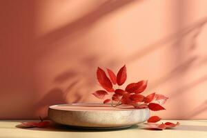 3D podium products display background with autumn leaves,mushrooms,animal on the left with copy space.Minimal background for products presentation.Created with Generative AI technology photo