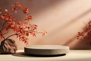 3D podium products display background with autumn leaves,mushrooms,animal on the left with copy space.Minimal background for products presentation.Created with Generative AI technology photo