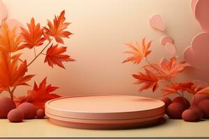 3D podium products display background with autumn leaves,mushrooms,animal on the left with copy space.Minimal background for products presentation.Created with Generative AI technology photo