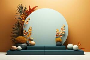 3D podium products display background with autumn leaves,mushrooms,animal on the left with copy space.Minimal background for products presentation.Created with Generative AI technology photo