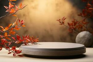 3D podium products display background with autumn leaves,mushrooms,animal on the left with copy space.Minimal background for products presentation.Created with Generative AI technology photo