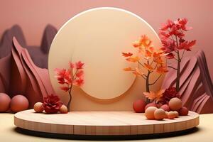 3D podium products display background with autumn leaves,mushrooms,animal on the left with copy space.Minimal background for products presentation.Created with Generative AI technology photo
