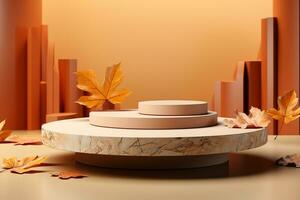 3D podium products display background with autumn leaves,mushrooms,animal on the left with copy space.Minimal background for products presentation.Created with Generative AI technology photo