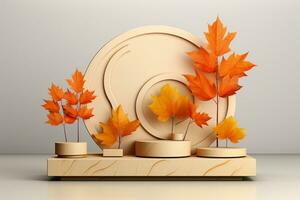 3D podium products display background with autumn leaves,mushrooms,animal on the left with copy space.Minimal background for products presentation.Created with Generative AI technology photo