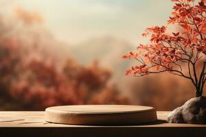 3D podium products display background with autumn leaves,mushrooms,animal on the left with copy space.Minimal background for products presentation.Created with Generative AI technology photo