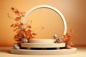 3D podium products display background with autumn leaves,mushrooms,animal on the left with copy space.Minimal background for products presentation.Created with Generative AI technology photo