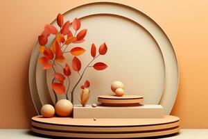 3D podium products display background with autumn leaves,mushrooms,animal on the left with copy space.Minimal background for products presentation.Created with Generative AI technology photo