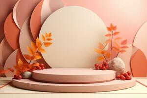 3D podium products display background with autumn leaves,mushrooms,animal on the left with copy space.Minimal background for products presentation.Created with Generative AI technology photo