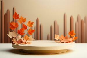 3D podium products display background with autumn leaves,mushrooms,animal on the left with copy space.Minimal background for products presentation.Created with Generative AI technology photo