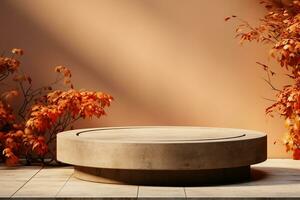 3D podium products display background with autumn leaves,mushrooms,animal on the left with copy space.Minimal background for products presentation.Created with Generative AI technology photo