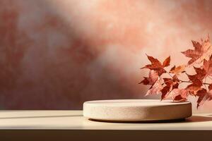 3D podium products display background with autumn leaves,mushrooms,animal on the left with copy space.Minimal background for products presentation.Created with Generative AI technology photo