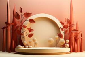 3D podium products display background with autumn leaves,mushrooms,animal on the left with copy space.Minimal background for products presentation.Created with Generative AI technology photo