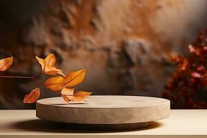 3D podium products display background with autumn leaves,mushrooms,animal on the left with copy space.Minimal background for products presentation.Created with Generative AI technology photo