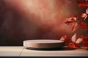 3D podium products display background with autumn leaves,mushrooms,animal on the left with copy space.Minimal background for products presentation.Created with Generative AI technology photo