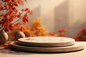 3D podium products display background with autumn leaves,mushrooms,animal on the left with copy space.Minimal background for products presentation.Created with Generative AI technology photo