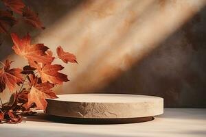 3D podium products display background with autumn leaves,mushrooms,animal on the left with copy space.Minimal background for products presentation.Created with Generative AI technology photo