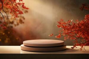 3D podium products display background with autumn leaves,mushrooms,animal on the left with copy space.Minimal background for products presentation.Created with Generative AI technology photo