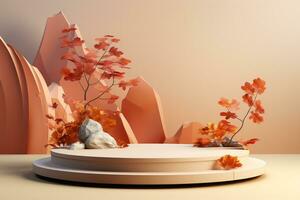 3D podium products display background with autumn leaves,mushrooms,animal on the left with copy space.Minimal background for products presentation.Created with Generative AI technology photo