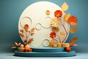 3D podium products display background with autumn leaves,mushrooms,animal on the left with copy space.Minimal background for products presentation.Created with Generative AI technology photo