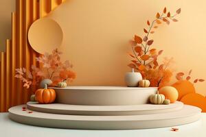 3D podium products display background with autumn leaves,mushrooms,animal on the left with copy space.Minimal background for products presentation.Created with Generative AI technology photo