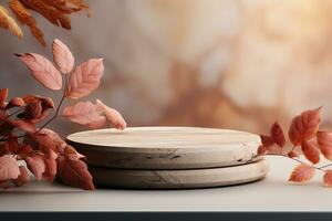 3D podium products display background with autumn leaves,mushrooms,animal on the left with copy space.Minimal background for products presentation.Created with Generative AI technology photo