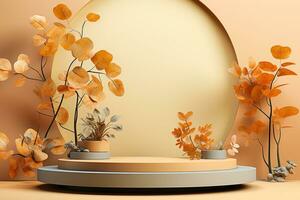 3D podium products display background with autumn leaves,mushrooms,animal on the left with copy space.Minimal background for products presentation.Created with Generative AI technology photo