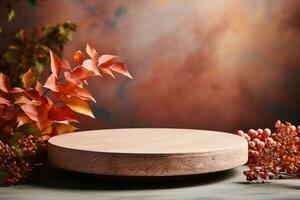 3D podium products display background with autumn leaves,mushrooms,animal on the left with copy space.Minimal background for products presentation.Created with Generative AI technology photo